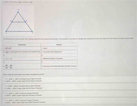 Solved In Abc Shown Below Overline De Is Parallel To Overline Ac The