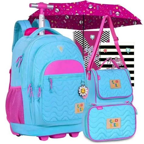 Kit Mochila Escolar Luluca Infantil Feminina De Carrinho Lancheira