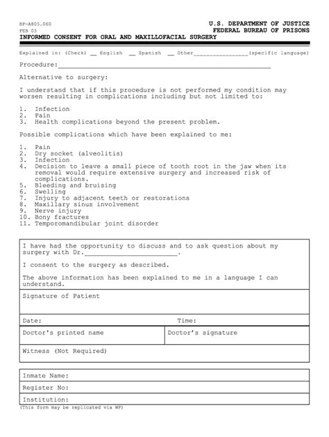 Fillable Online Bop Form BP A805 060 Informed Consent For Oral And