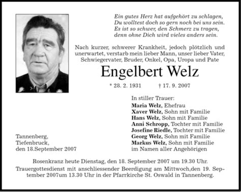 Traueranzeigen Von Engelbert Welz Trauer Merkur De