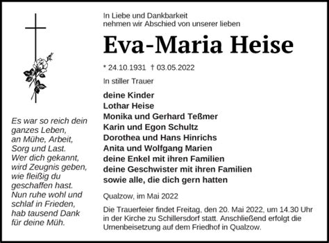 Traueranzeigen Von Eva Maria Heise Trauer Nordkurier