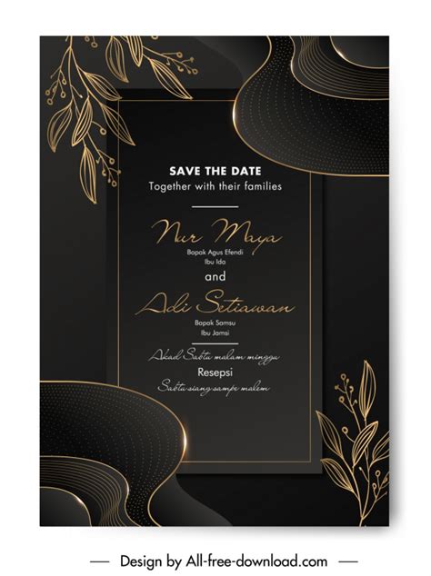 Wedding Invitation Card Template Luxury Dark Handdrawn Leaves Curves