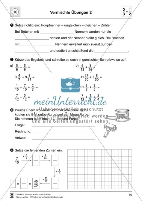 Bruchrechnung Vermischte Aufgaben zur Addition von Brüchen