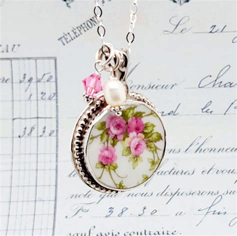 Vintage Pink Rose Swag Broken China Jewelry Large Pendant Necklace