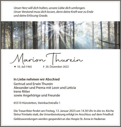 Traueranzeigen Von Marion Thurein Vrm Trauer De