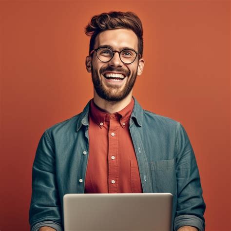 Premium Ai Image A Man With Glasses Is Smiling And Holding A Laptop