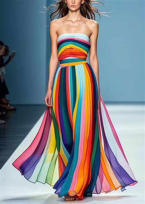 Style Rainbow Striped Chiffon Strapless Dress Summer – SooLinen