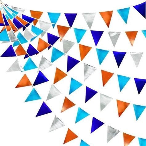 32Ft Décoration De Fête De Orange Bleu Argent Tissu Triangle Fanions