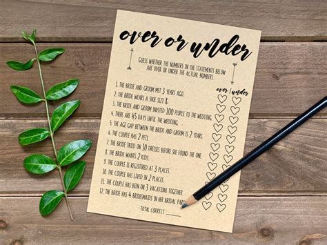 Over Or Under Printable Bridal Shower Game Bridal Shower Game Etsy