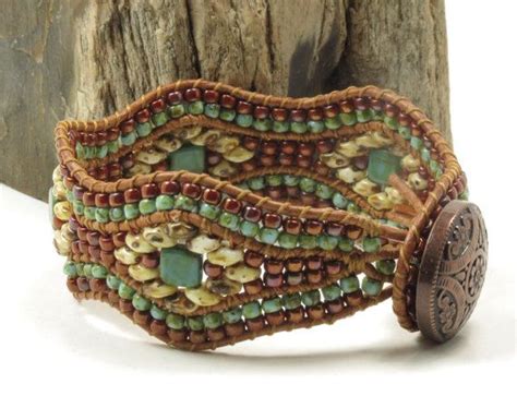 BEADED LEATHER Bracelet Boho Leather Cuff Superduos Tile Etsy