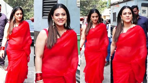 Kajol Looking Dam Hot In Red Transparent Saree Arrives At Salaam Venky