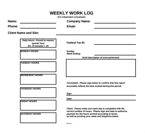 Printable Weekly Work Log Template