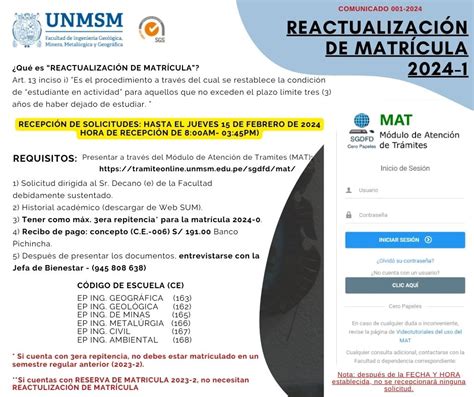 Reactualización Y Reserva De Matrícula 2024 1 Facultad De Ingeniería Geológica Minera