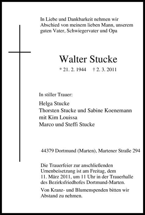 Traueranzeigen Von Walter Stucke Trauer In NRW De