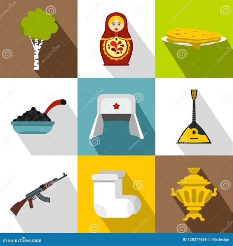 Tourism in Russia Icons Set, Flat Style Stock Illustration
