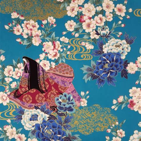 Tissu Bleu Bondi Grands Motifs De Japonaises En Kimono Avec Des Fleurs