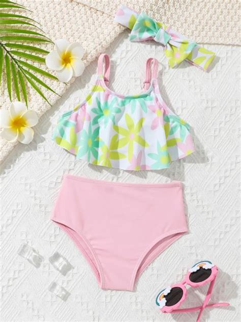 Baby Floral Print Ruffle Hem Bikini Swimsuit With Headband Lynks Shop