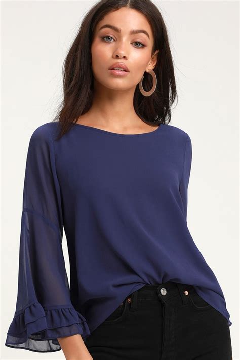 Chic Navy Blue Top Flounce Sleeve Top Dressy Top Office Top Lulus