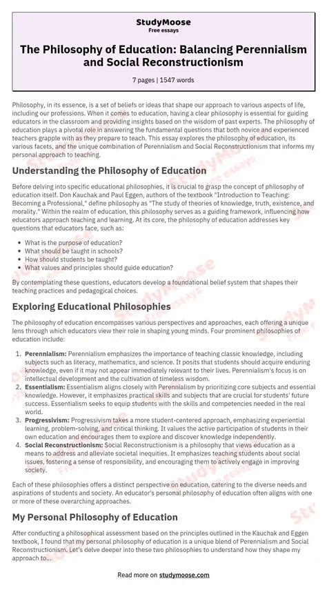 The Philosophy of Education: Balancing Perennialism and Social Reconstructionism Free Essay Example