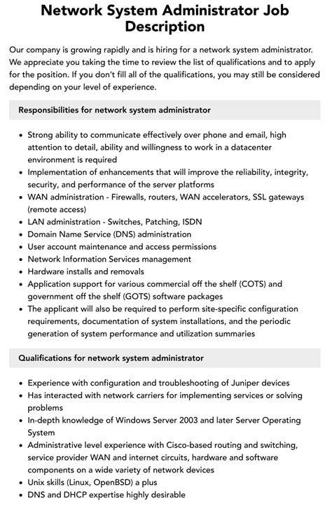 Network System Administrator Job Description Velvet Jobs