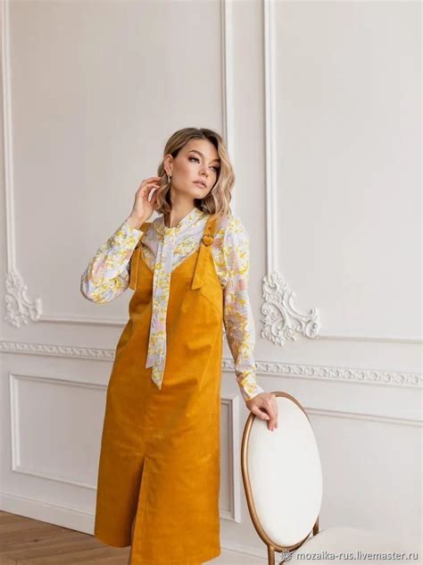 Сарафан вельветовый Горчица, сарафан желтый с разрезом и карманами ...