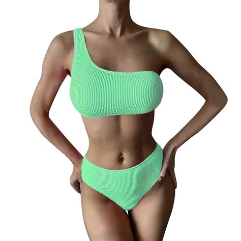 Hwmodou Women Bikinis Set Women One Shoulder High Waisted Bikini Tie