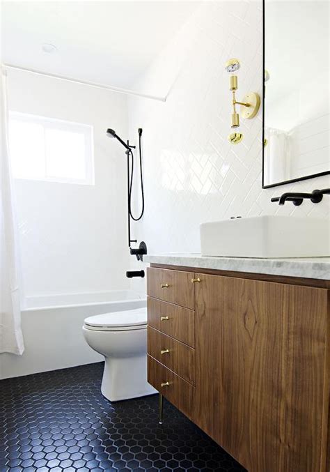 Veneer Washstand With Black Hex Tile Floor Modern Bathroom