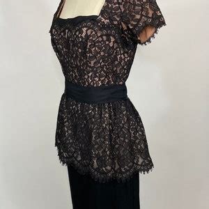 Vintage S Nude And Black Lace Peplum Dress Medium Etsy