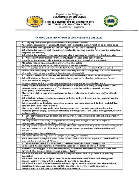 School Disaster Readiness and Resilience Checklist | PDF | Emergency Evacuation | Emergency ...