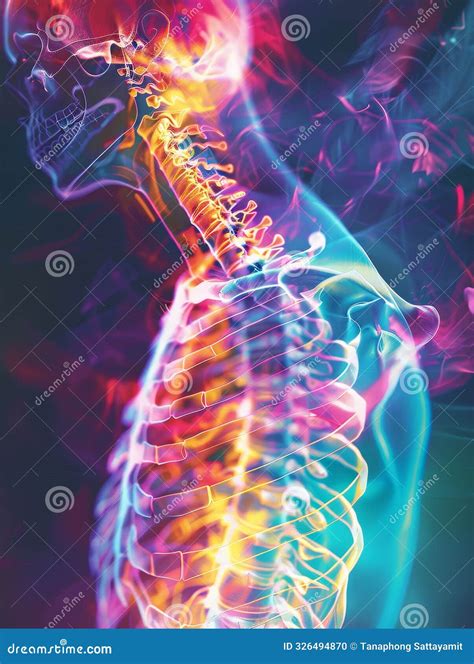 Neon Spine Anatomy A Vibrant Neon Illustration Of The Human Spine And
