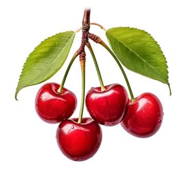 Three Red Cherries With Leaves Isolated On White Three Red Cherries