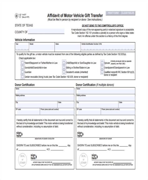 Affidavit Of Motor Vehicle Gift Transfer Texas Webmotor Org