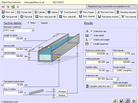 Pipe Flow Advisor - Open Channel Flow & Tank Empty Times Software