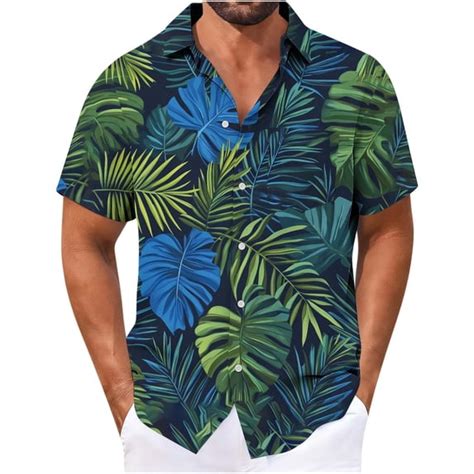 Avrnliq Mens Hawaiian Tropical Leaf Print Short Sleeve Collared Button