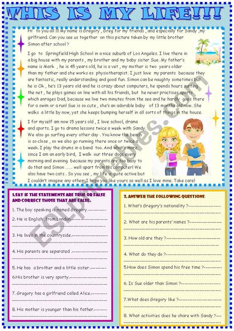 This Is My Life Reading Comprehension Esl Worksheet By Spied D Aignel