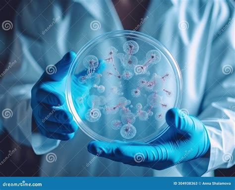 Close Up Of A Scientist In Lab Coat And Gloves Examining A Petri Dish