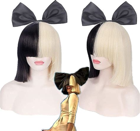 Wig Sia Costume Wig 2 Tone Half Blonde Black Bob Wig With Black Bow