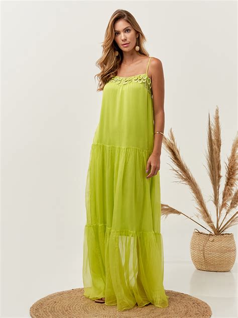 VESTIDO LONGO DE SEDA PURA BORDADO FRONTAL VERDE CITRUS Empório