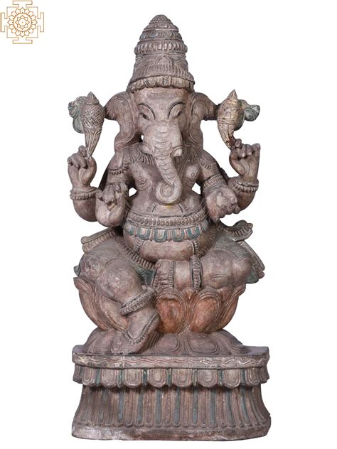 Wooden Lord Ganesha Seated On Lotus Pedestal Exotic India Art