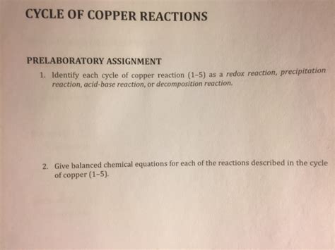 Cycle Of Copper Reactions Prelaboratory Assignment 1