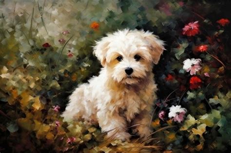 Premium Photo | Portrait of a cute puppy sitting in flowers imitation oil painting