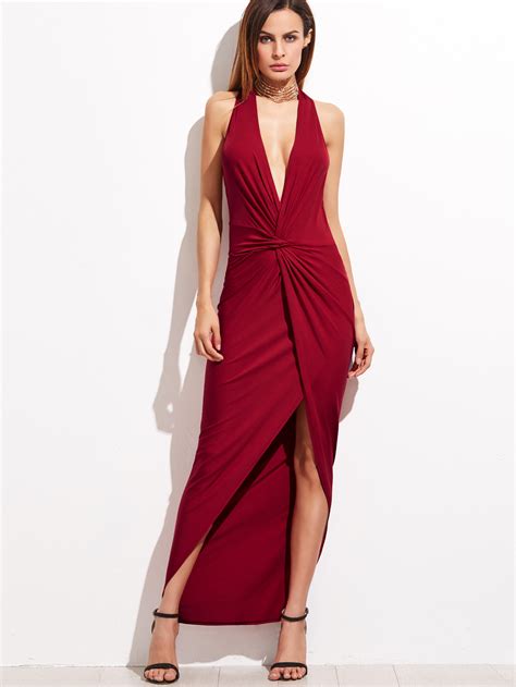 Burgundy Halter Plunge Neck Twist Front Open Back Dress Shein Sheinside