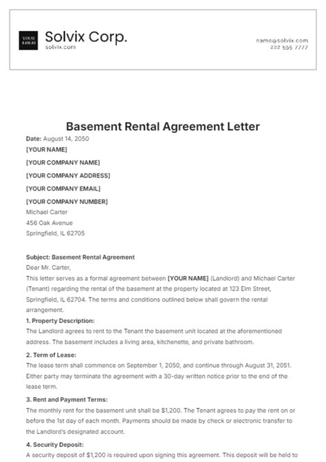 Free Basement Rental Agreement Letter Template to Edit Online