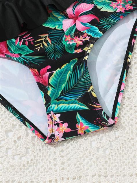 Girls Tropical Print Ruffle Trim Asymmetrical Neck Bikini Swimsuit