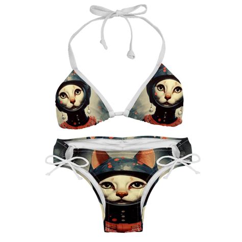 Retro Cat Detachable Sponge Adjustable Strap Bikini Set Two Pack For