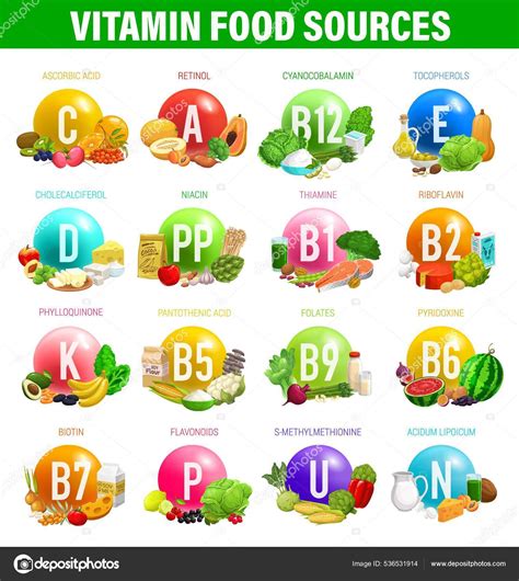 Vitaminas Minerales Fuentes Alimentos Las Infografías Vectoriales Nutrición Frutas Verduras