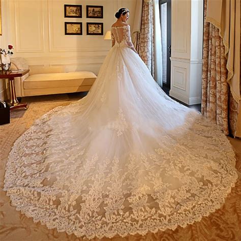 Luxury 2 Meter Royal Train Bridal Gown With Sleeves Off Shoulder Tulle