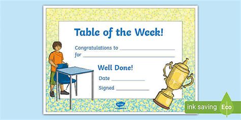 Table of the Week Certificate KS2 nauczyciel wykonał