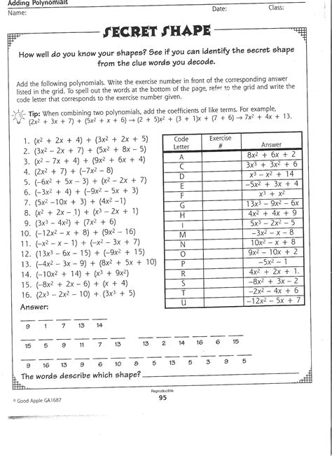 Polynomials Worksheet Algebra 1