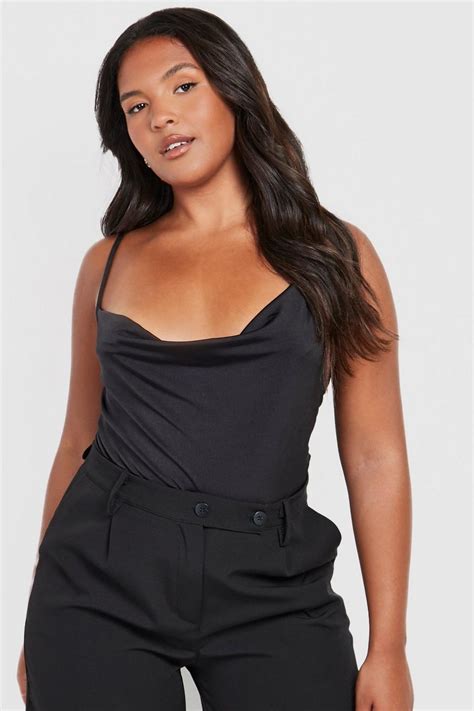 Black Plus Slinky Cowl Neck Bodysuit Boohoo Uk